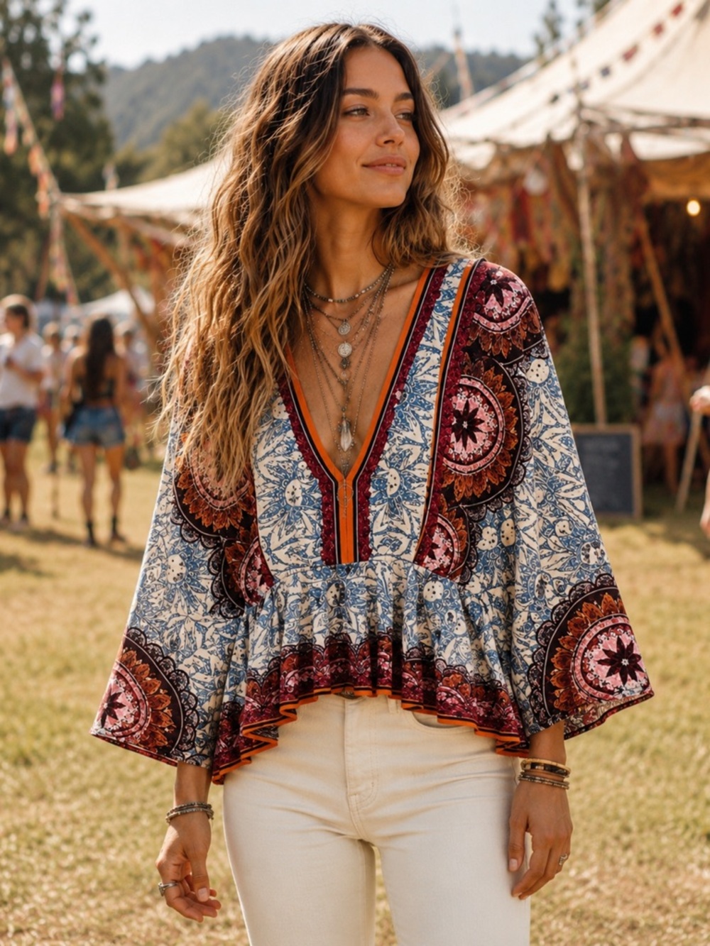 Flying Tomato Small Boho Paisley Bell Sleeve Top Smocked Waist Blue Orange